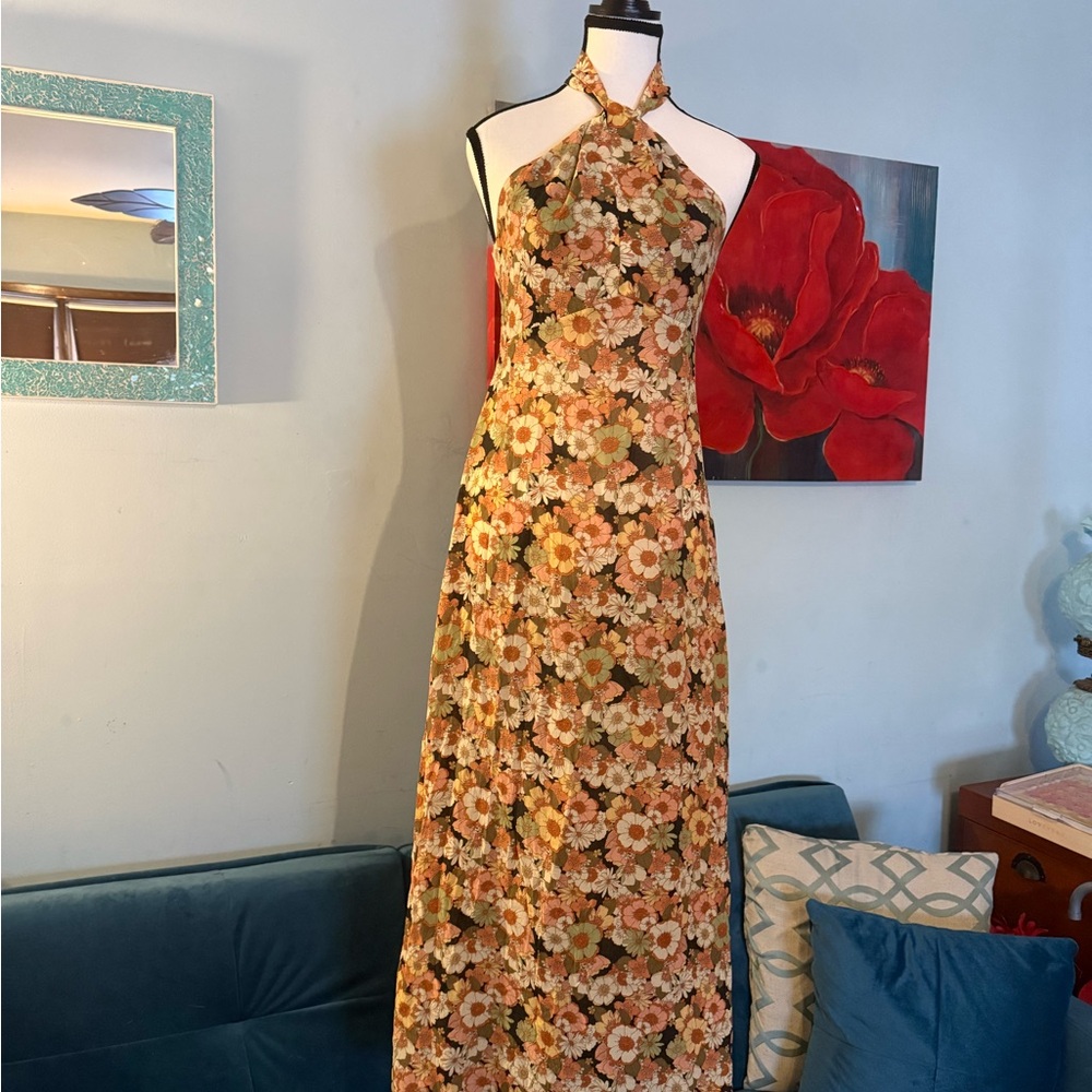 Mango MNG Women’s 2 XS MAXI DRESS Floral Halter Boho  Coastal Wedding Guest